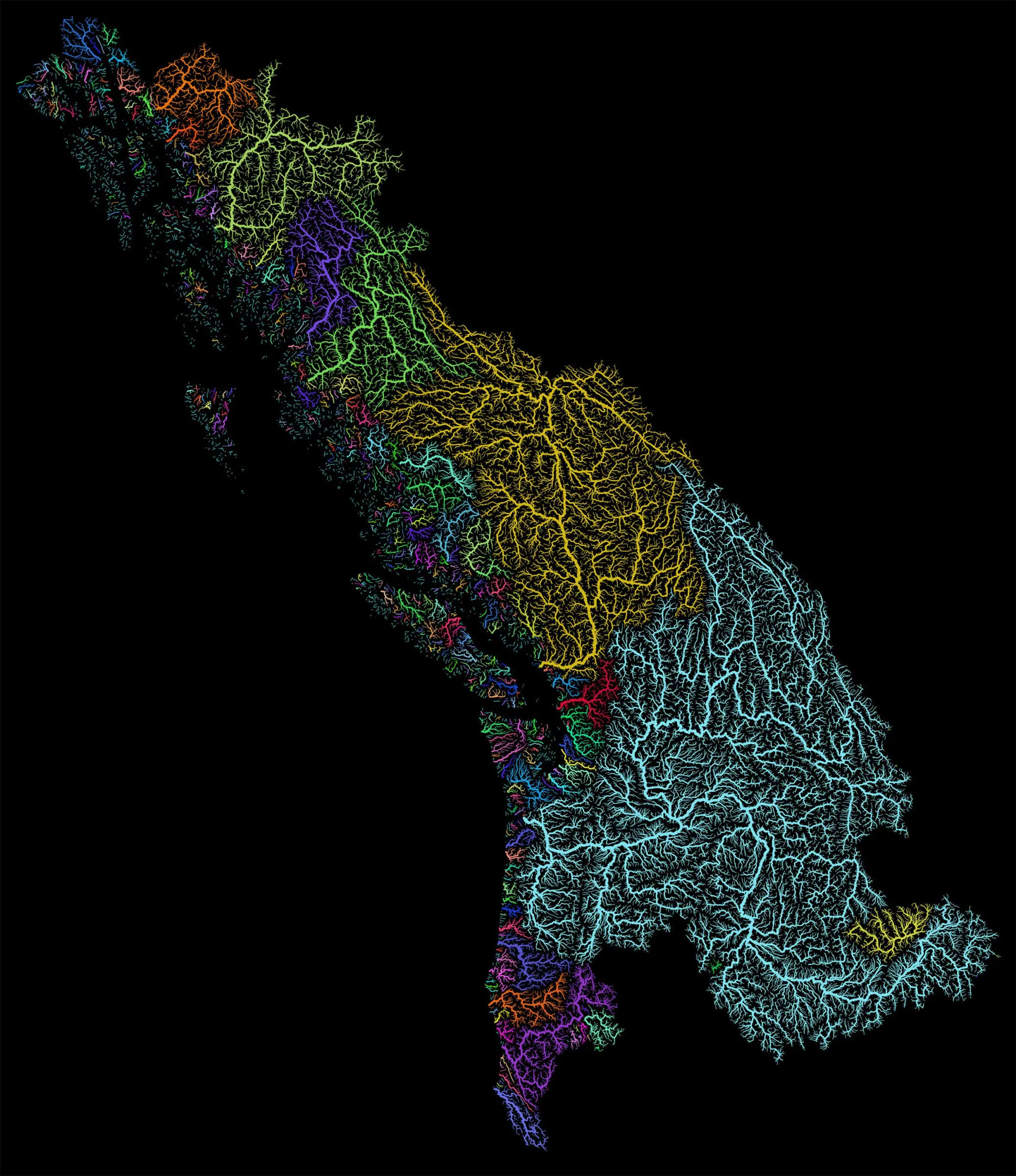 River map of the Pacific Northwest, showing watersheds in different colors.