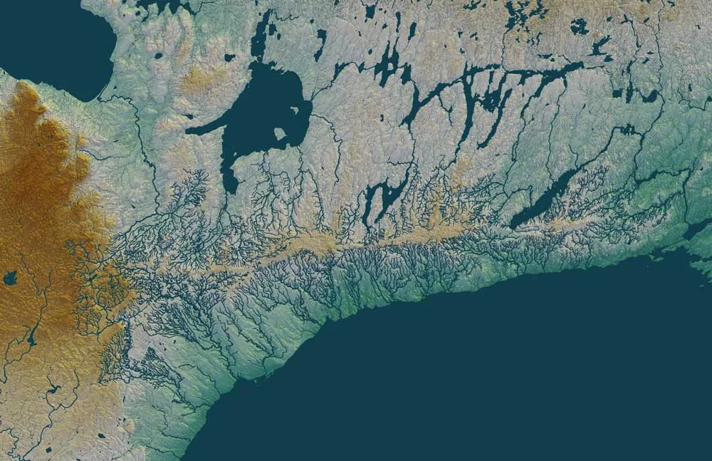 Topographical map showing land and water formations, including lakes and coastal regions.