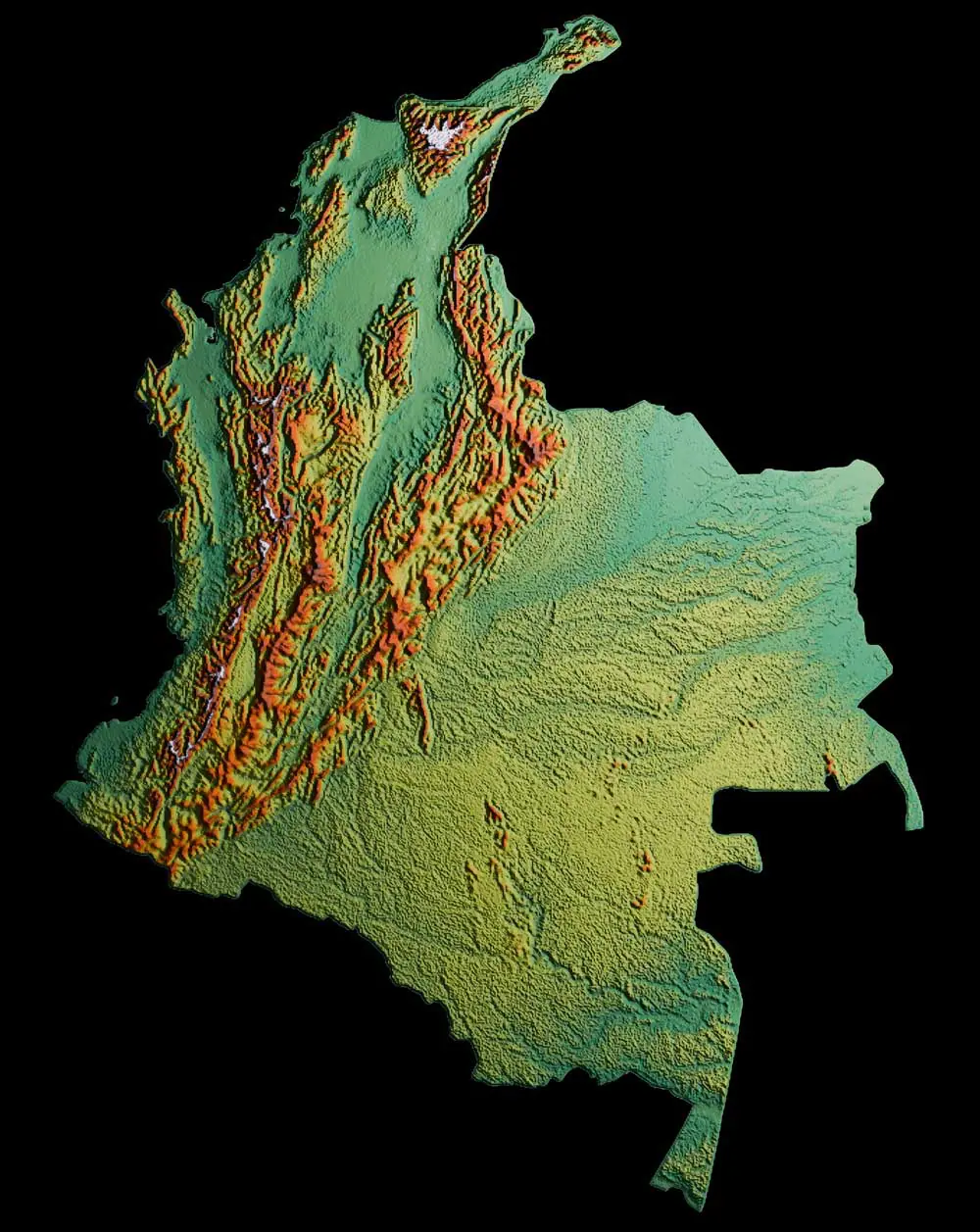 Relief map of Colombia showing elevation with green lowlands and orange highlands.